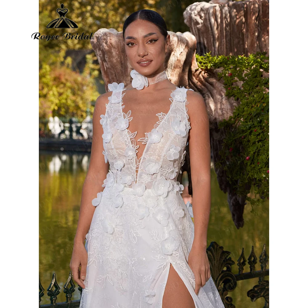 Boho 3D Floral Applique Tulle Wedding Dress with Slit 2026 Brides Gown Elegan vestido de novia boda 2026 Customized