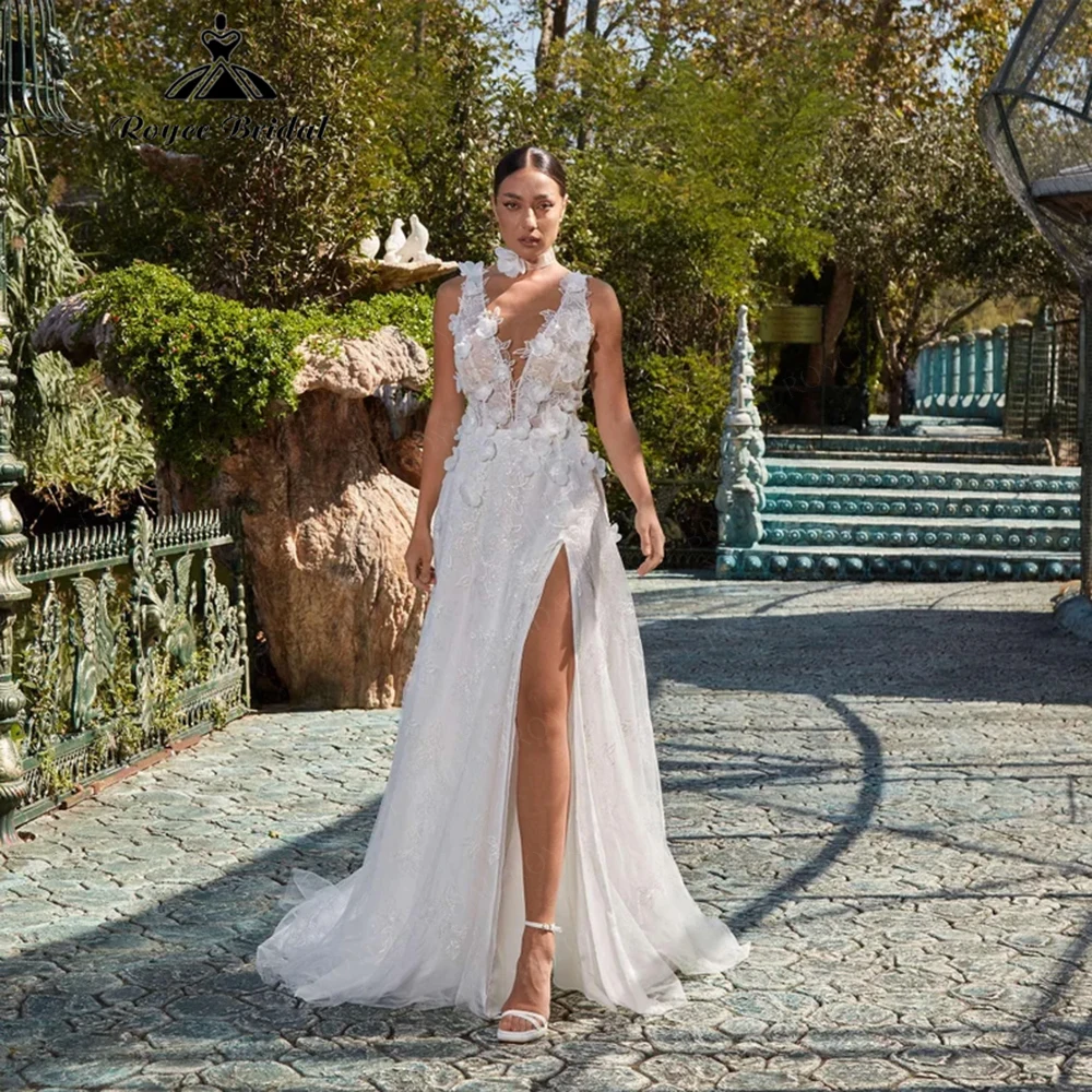 Boho 3D Floral Applique Tulle Wedding Dress with Slit 2026 Brides Gown Elegan vestido de novia boda 2026 Customized