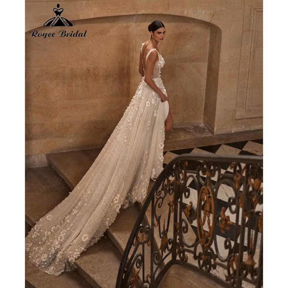 Luxurious Lace Sequined Tulle Deep V Cutout High Slit Wedding Dress for Women 2026 Bridal Dress Customized