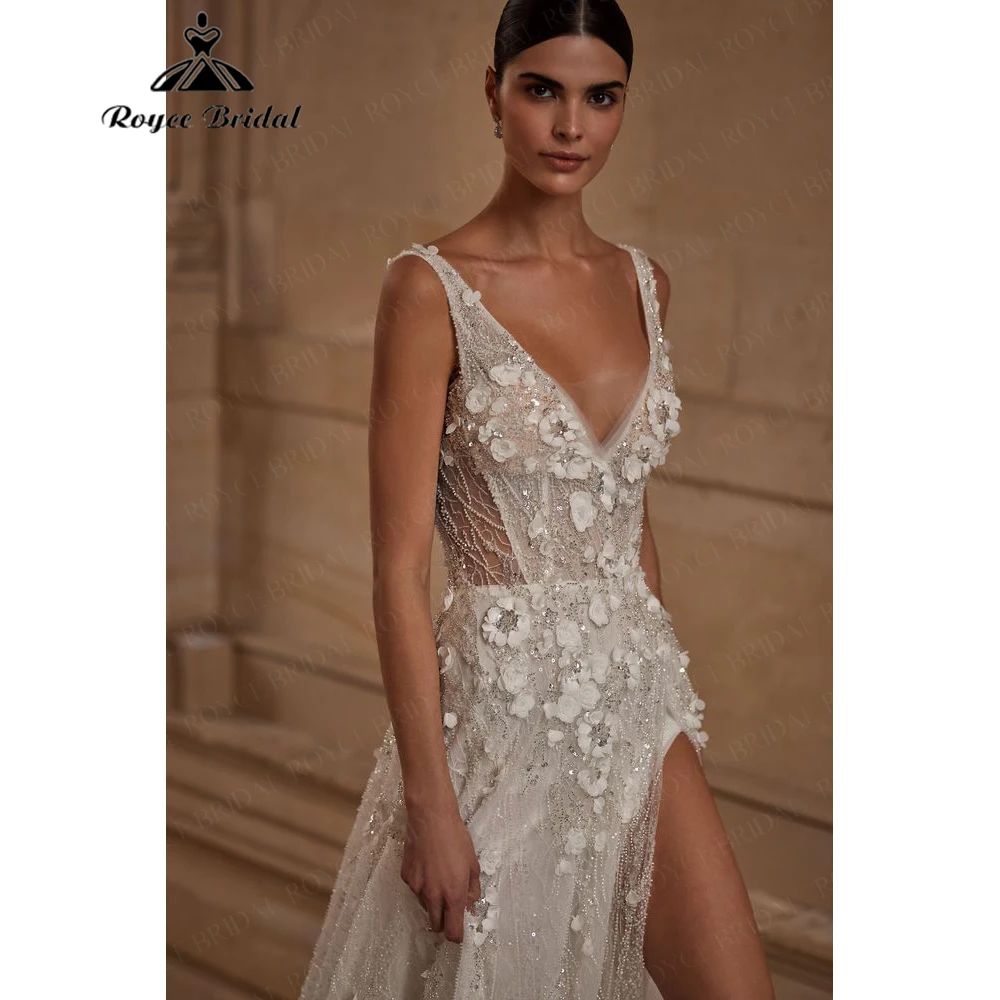 Luxurious Lace Sequined Tulle Deep V Cutout High Slit Wedding Dress for Women 2026 Bridal Dress Customized