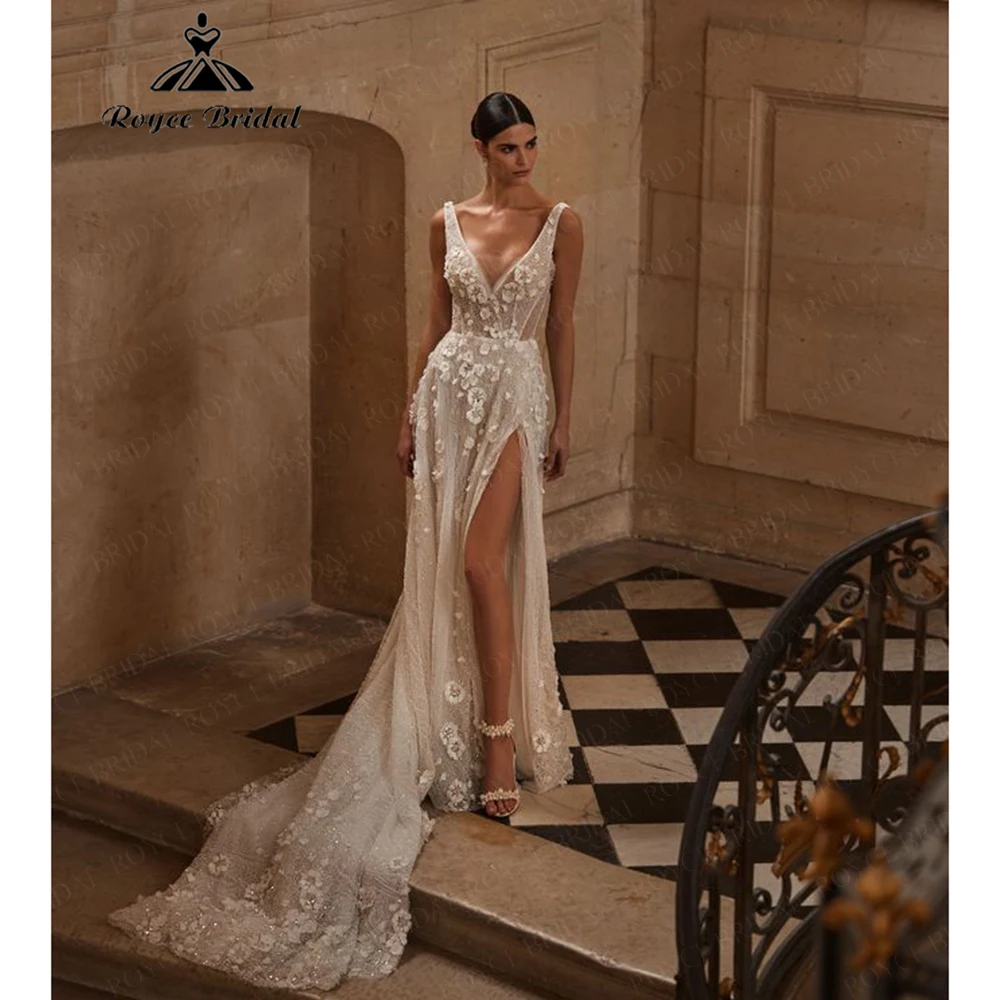 Luxurious Lace Sequined Tulle Deep V Cutout High Slit Wedding Dress for Women 2026 Bridal Dress Customized