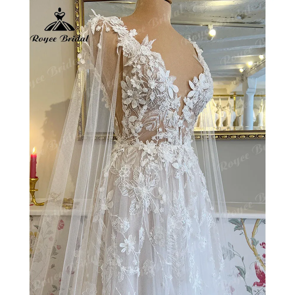 Romantic Lace Floral Fairy Beach Wedding Dress with V Neck 2026 Bridal Gown Customized vestido largo invitada boda Roycebridal