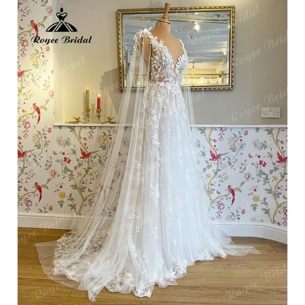 Romantic Lace Floral Fairy Beach Wedding Dress with V Neck 2026 Bridal Gown Customized vestido largo invitada boda Roycebridal