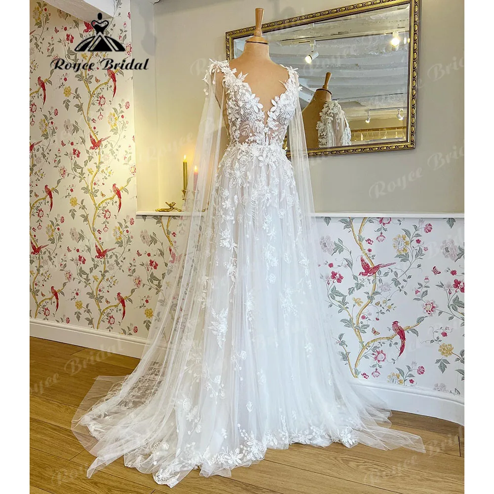 Romantic Lace Floral Fairy Beach Wedding Dress with V Neck 2026 Bridal Gown Customized vestido largo invitada boda Roycebridal