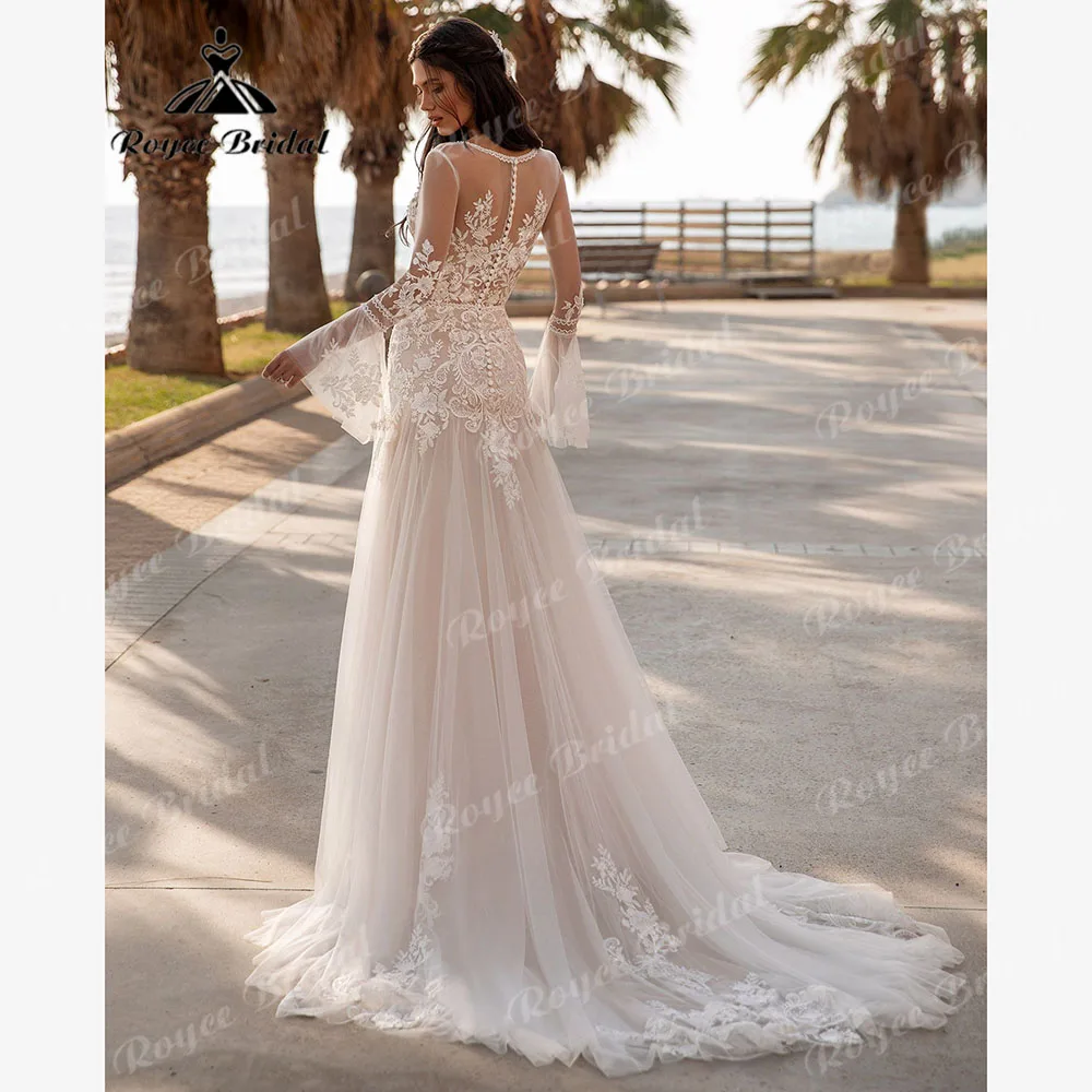 Customized Long Sleeve Deep V Neck Lace Mermaid Boho Split Side Wedding Dress for Women 2026 Illusion Bridal Gown robes mariage