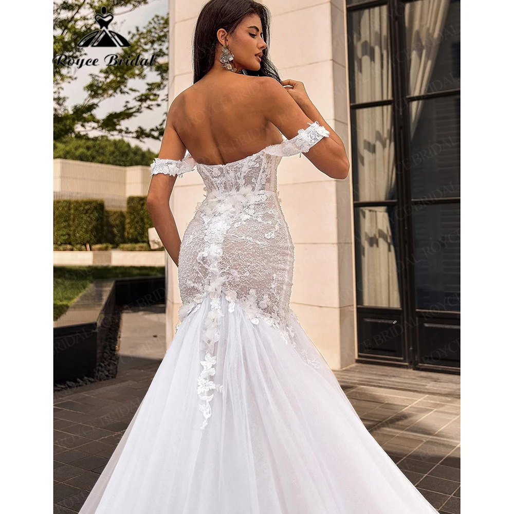 Roycebridal Mermaid Lace Applique Tulle Wedding Dress Sweetheart Brides Dress Boho Off The Shoulder vestido de novia Customized