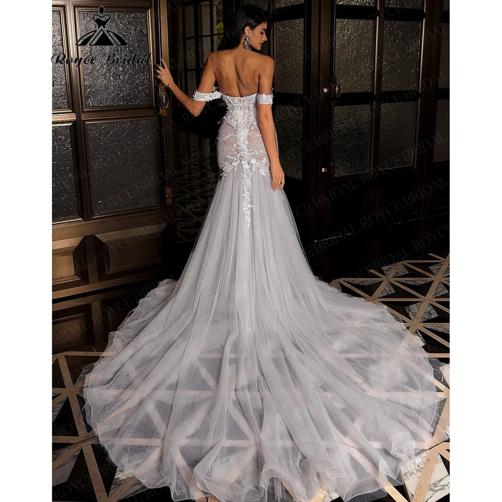 Roycebridal Mermaid Lace Applique Tulle Wedding Dress Sweetheart Brides Dress Boho Off The Shoulder vestido de novia Customized