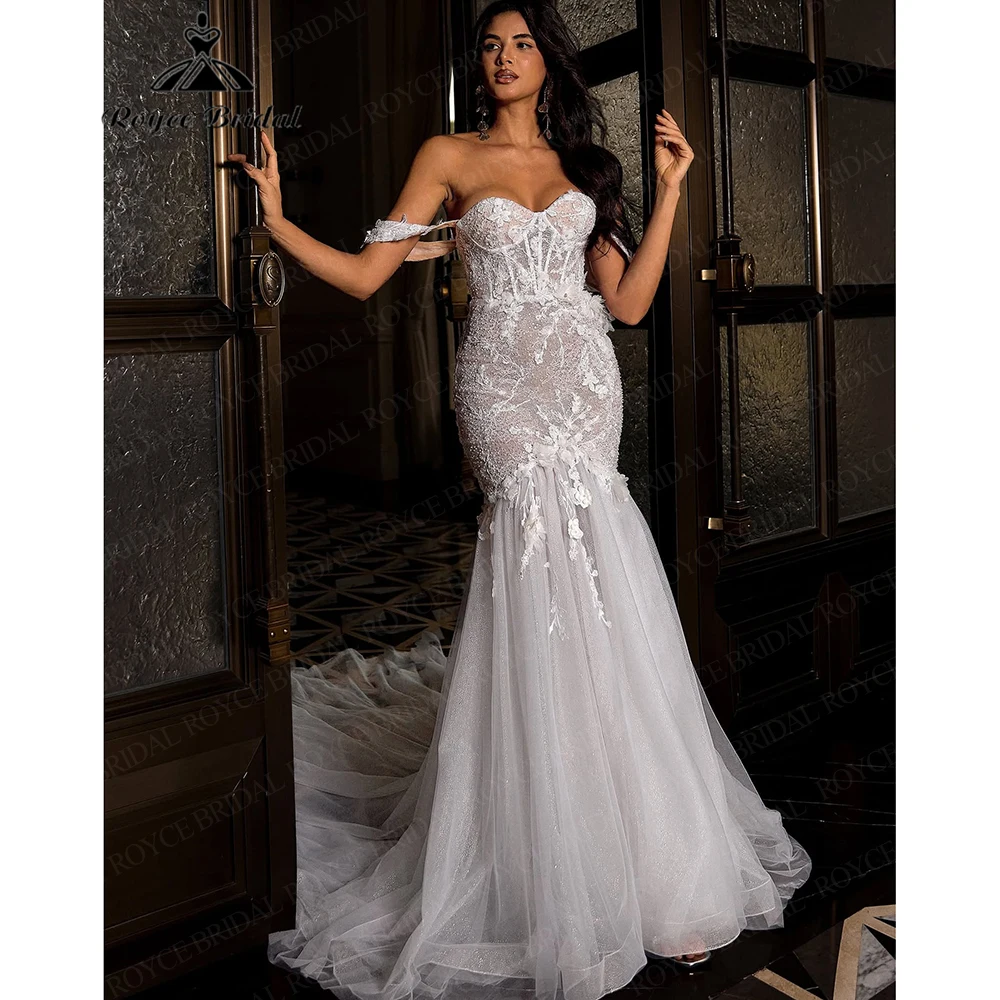 Roycebridal Mermaid Lace Applique Tulle Wedding Dress Sweetheart Brides Dress Boho Off The Shoulder vestido de novia Customized