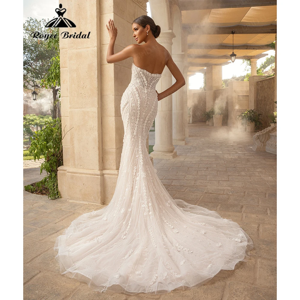 Roycebridal Mermaid Beaded Tulle Wedding Dress for Women 2026 Strapless Backless Brides Dress Vestidos Customized