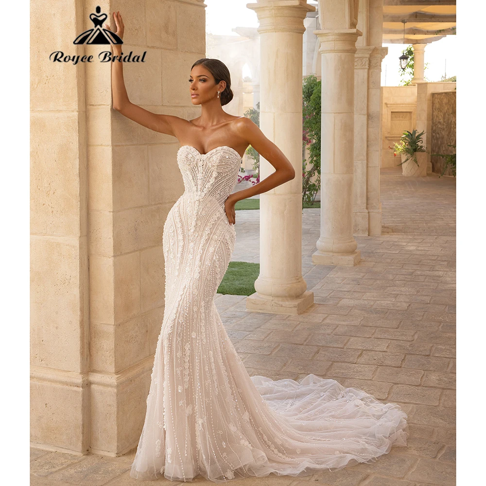 Roycebridal Mermaid Beaded Tulle Wedding Dress for Women 2026 Strapless Backless Brides Dress Vestidos Customized