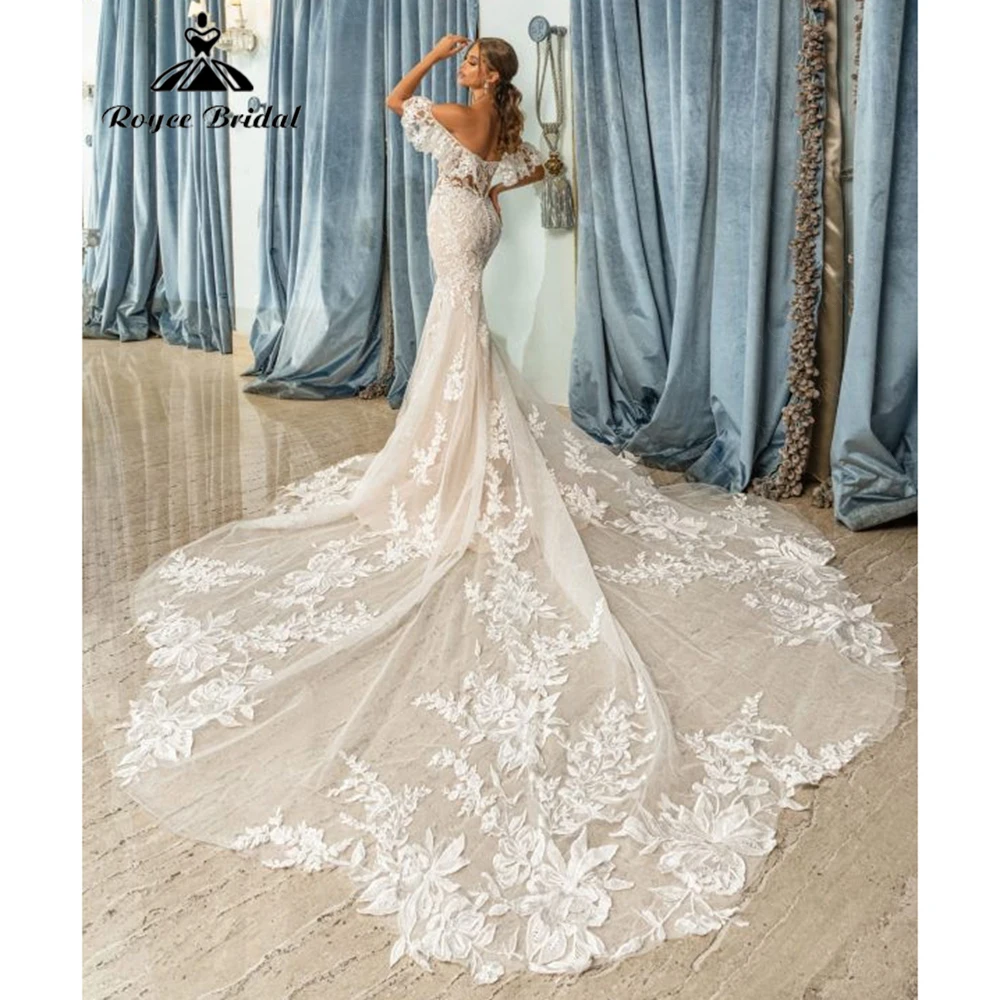 Luxe Tulle Lace Mermaid Wedding Dress for Women 2026 Deep V Sheer Cutout Bridal Dress Vestidos Roycebridal Customized