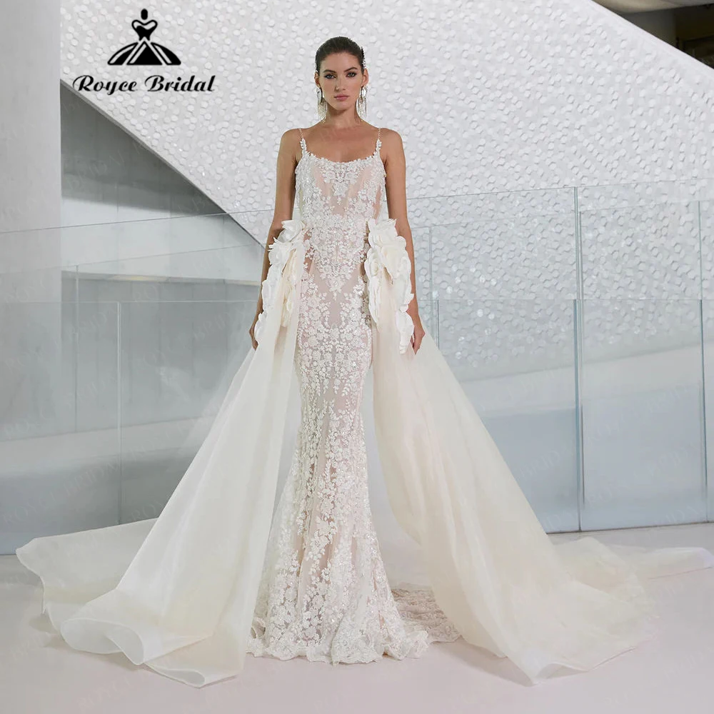 Luxury Spaghetti Strap Deep V Backless Mermaid Wedding Dress for Women 2026 Lace & Tulle with 3D Flower Bridal Dress Customized