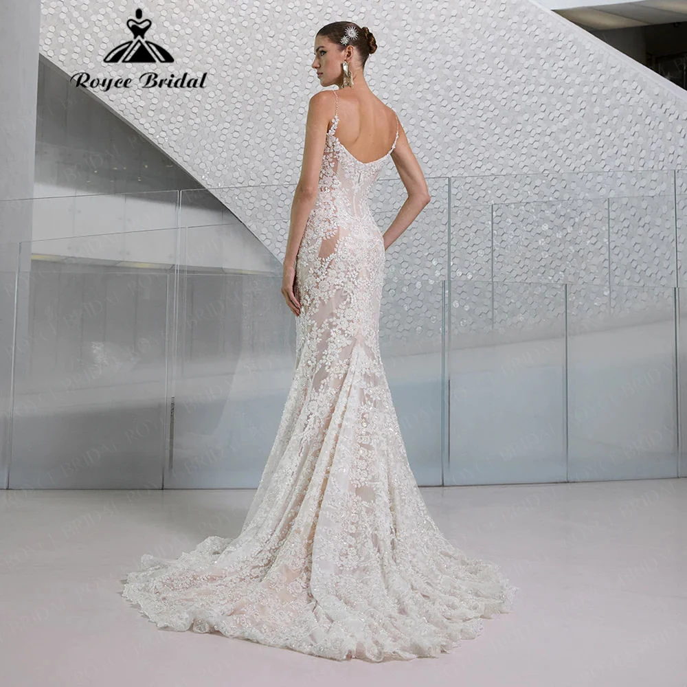 Luxury Spaghetti Strap Deep V Backless Mermaid Wedding Dress for Women 2026 Lace & Tulle with 3D Flower Bridal Dress Customized