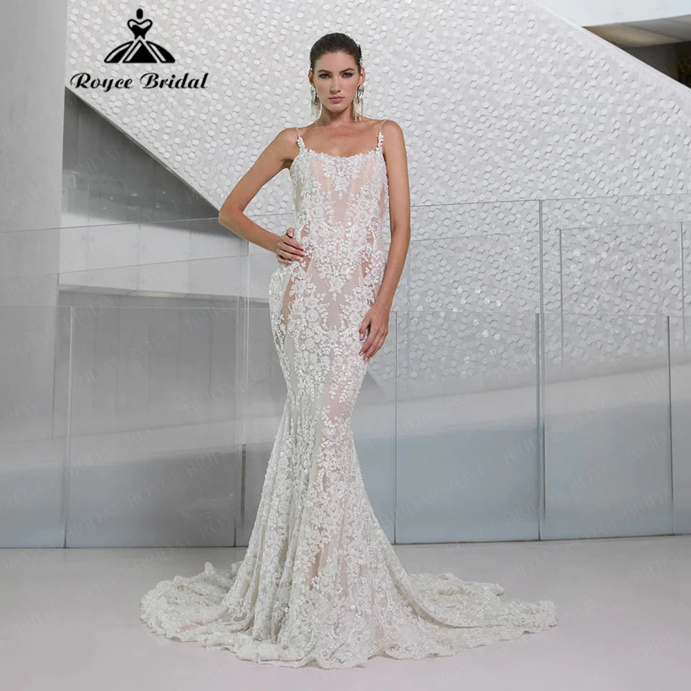 Luxury Spaghetti Strap Deep V Backless Mermaid Wedding Dress for Women 2026 Lace & Tulle with 3D Flower Bridal Dress Customized