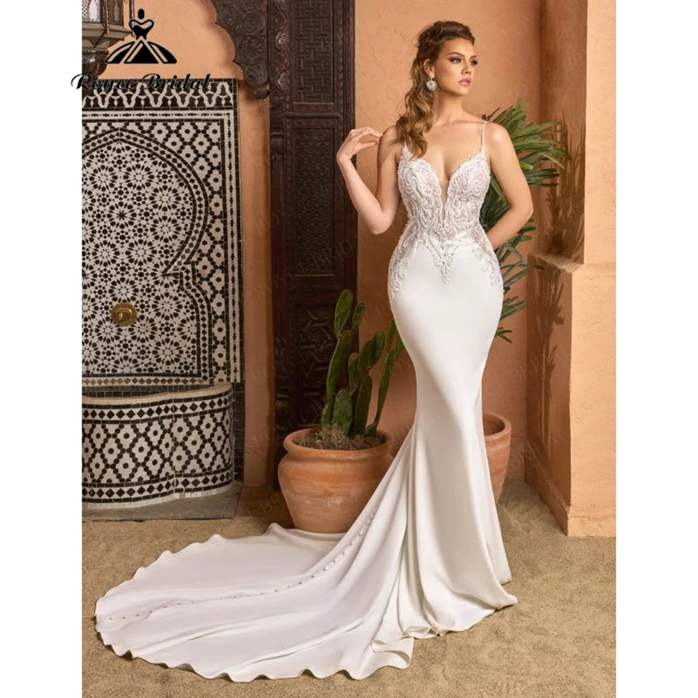 Sexy Thin-Strap Satin Beaded Mermaid Wedding Dress for Women 2026 Backless Bridal Dress Vestidos Roycebridal Customized