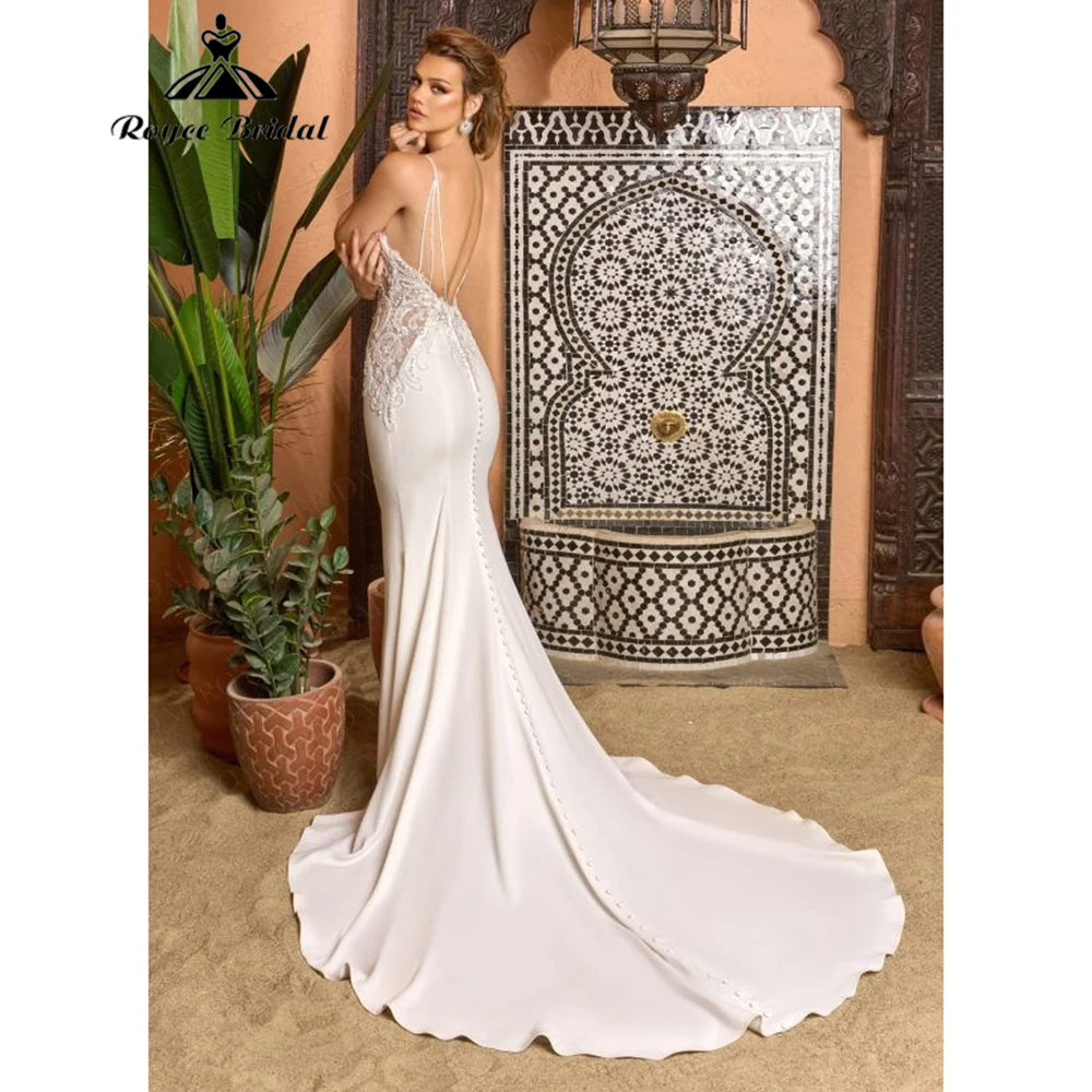 Sexy Thin-Strap Satin Beaded Mermaid Wedding Dress for Women 2026 Backless Bridal Dress Vestidos Roycebridal Customized