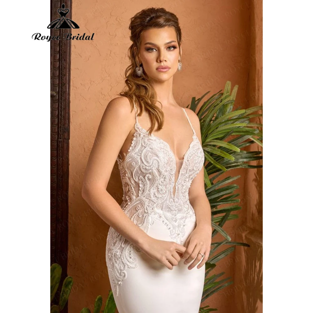 Sexy Thin-Strap Satin Beaded Mermaid Wedding Dress for Women 2026 Backless Bridal Dress Vestidos Roycebridal Customized