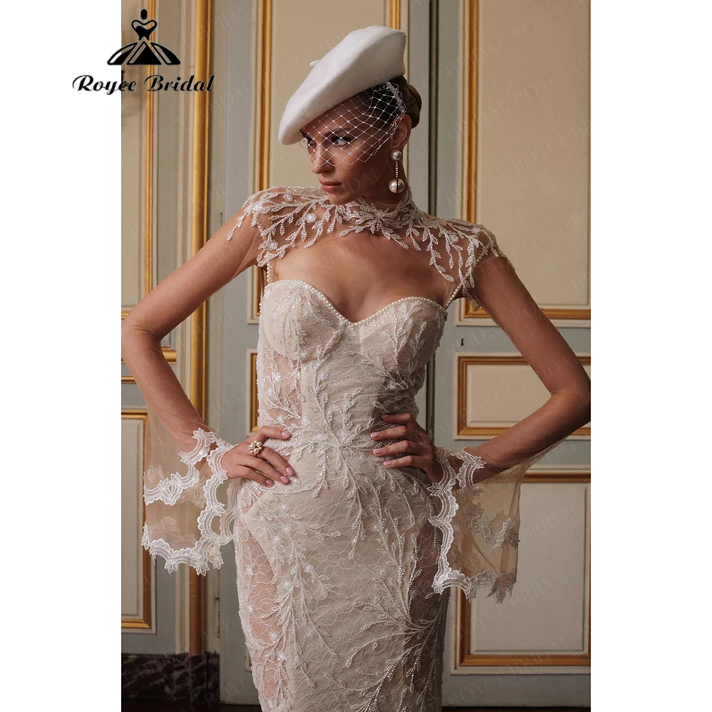 French Retro Lace Tulle Mermaid Wedding Dress for Women 2026 High-Neck Shawl Bridal Dress Vestidos Roycebridal Customized