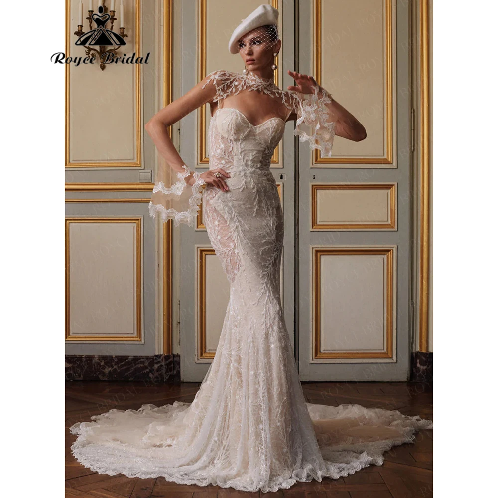 French Retro Lace Tulle Mermaid Wedding Dress for Women 2026 High-Neck Shawl Bridal Dress Vestidos Roycebridal Customized