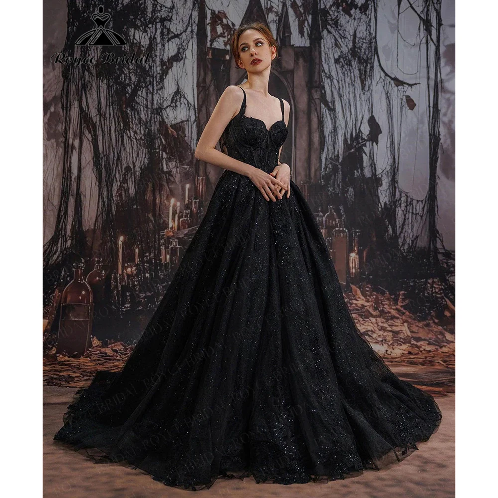 Roycebridal Black Sequin Dark Starry-Style Gothic Wedding Dress Open-Back Long Train Brides Dress Customized vestidos 2026