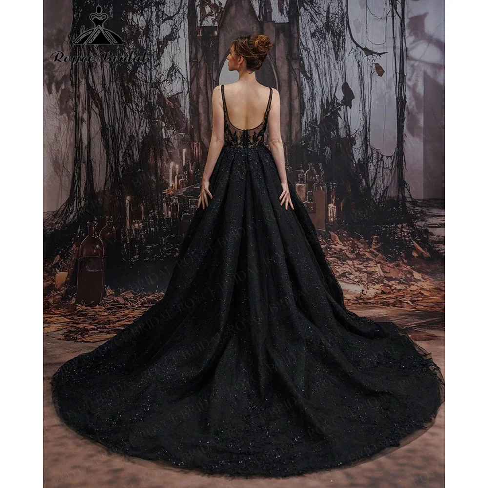 Roycebridal Black Sequin Dark Starry-Style Gothic Wedding Dress Open-Back Long Train Brides Dress Customized vestidos 2026