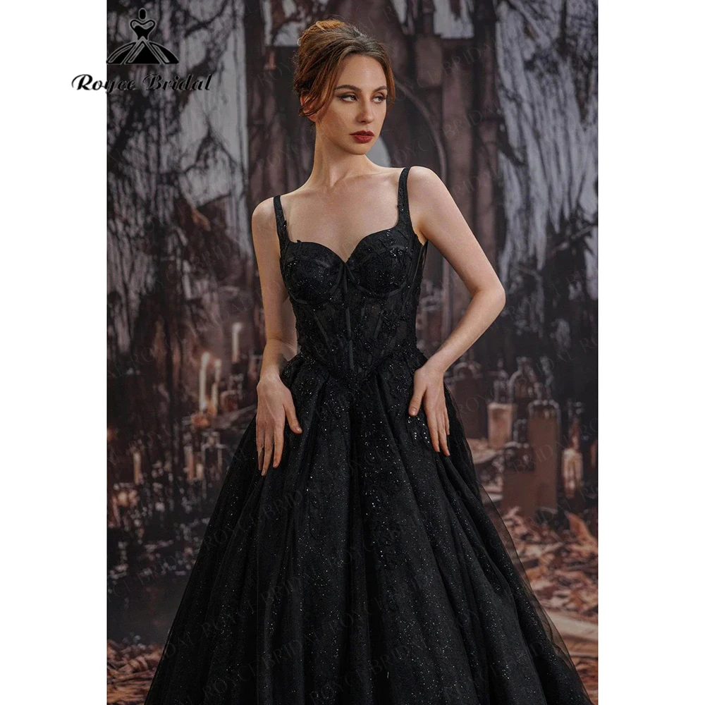Roycebridal Black Sequin Dark Starry-Style Gothic Wedding Dress Open-Back Long Train Brides Dress Customized vestidos 2026