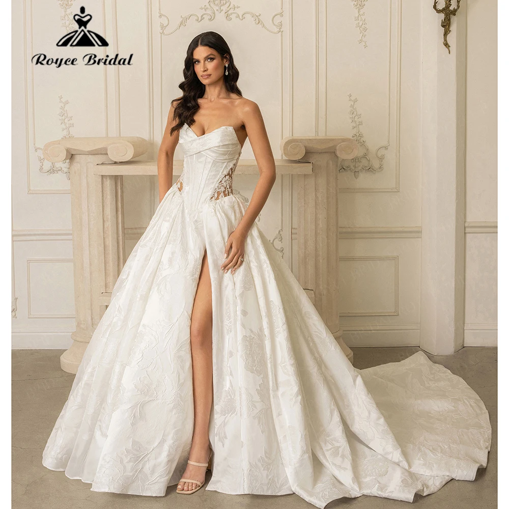 Retro A-Line Strapless Jacquard Satin Wedding Dress for Women 2026 Cutout Backless Bridal Dress Vestidos Roycebridal Customized Retro A-Line Strapless Jacquard Satin Wedding Dress for Women 2026 Cutout Backless Bridal Dress Vestidos Roycebridal Customized