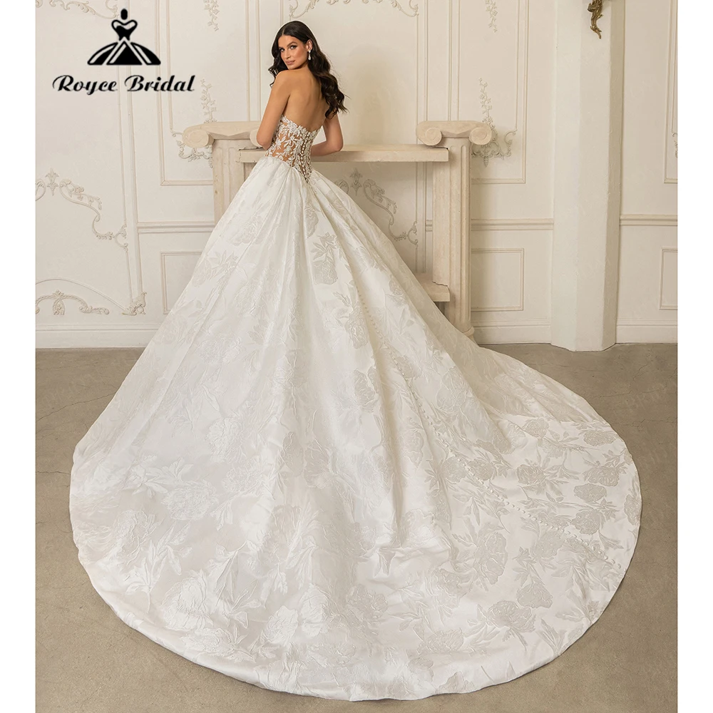 Retro A-Line Strapless Jacquard Satin Wedding Dress for Women 2026 Cutout Backless Bridal Dress Vestidos Roycebridal Customized Retro A-Line Strapless Jacquard Satin Wedding Dress for Women 2026 Cutout Backless Bridal Dress Vestidos Roycebridal Customized
