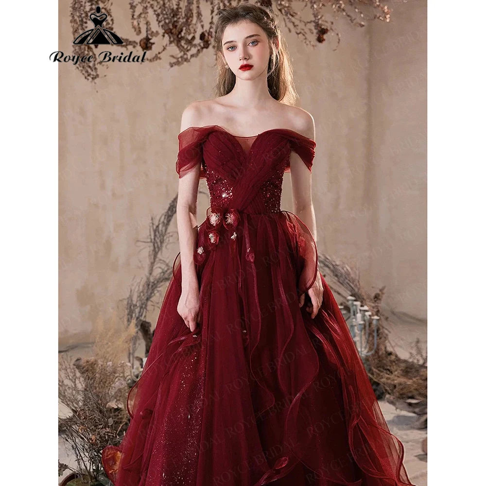 RoycebridalWine Red Off-Shoulder Tulle Evening Gown for Women 2026 with Sequin Waist Slimming Ruffled Long Dresses Customized