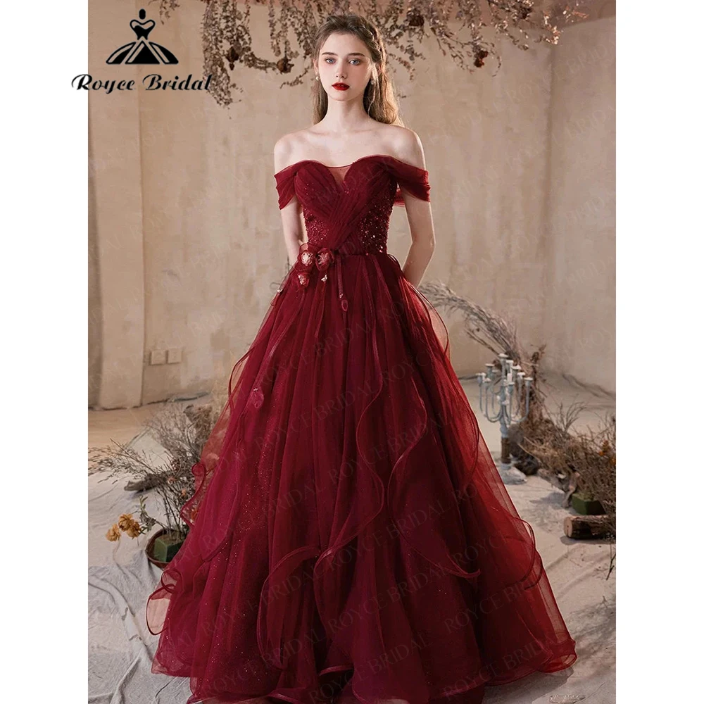RoycebridalWine Red Off-Shoulder Tulle Evening Gown for Women 2026 with Sequin Waist Slimming Ruffled Long Dresses Customized