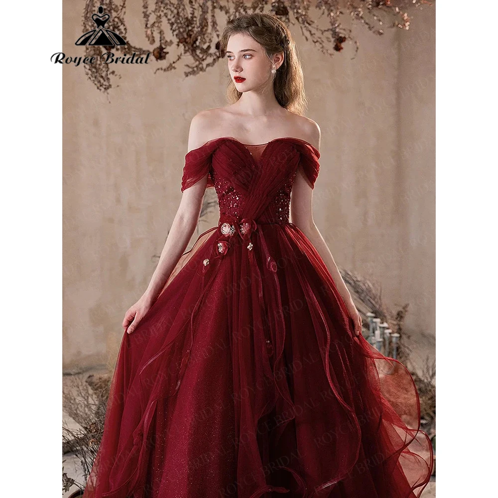RoycebridalWine Red Off-Shoulder Tulle Evening Gown for Women 2026 with Sequin Waist Slimming Ruffled Long Dresses Customized