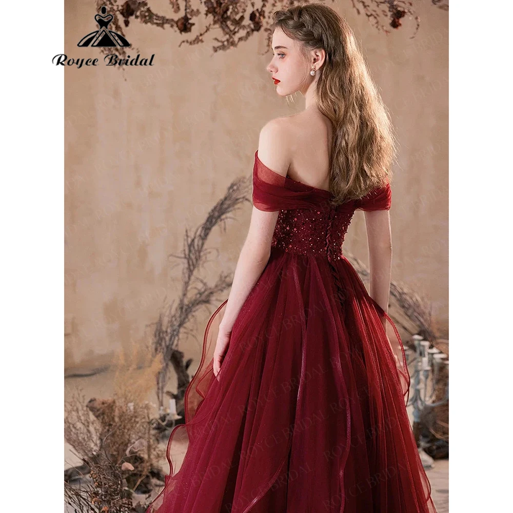 RoycebridalWine Red Off-Shoulder Tulle Evening Gown for Women 2026 with Sequin Waist Slimming Ruffled Long Dresses Customized