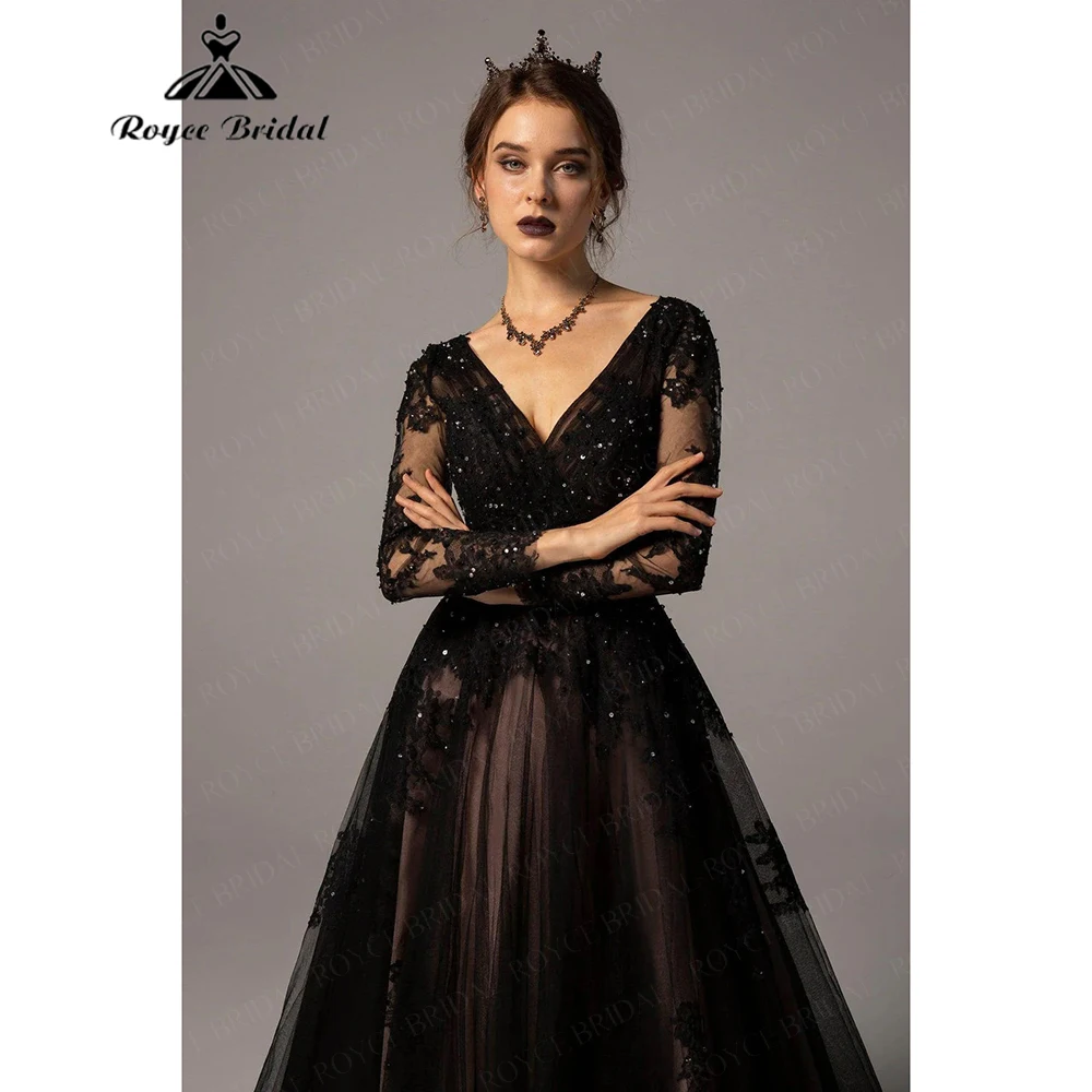Roycebridal Gothic Black V-Neck Sequin Long-Sleeve Wedding Dress Open-Back Tulle Train Brides Dress Customized vestidos 2026