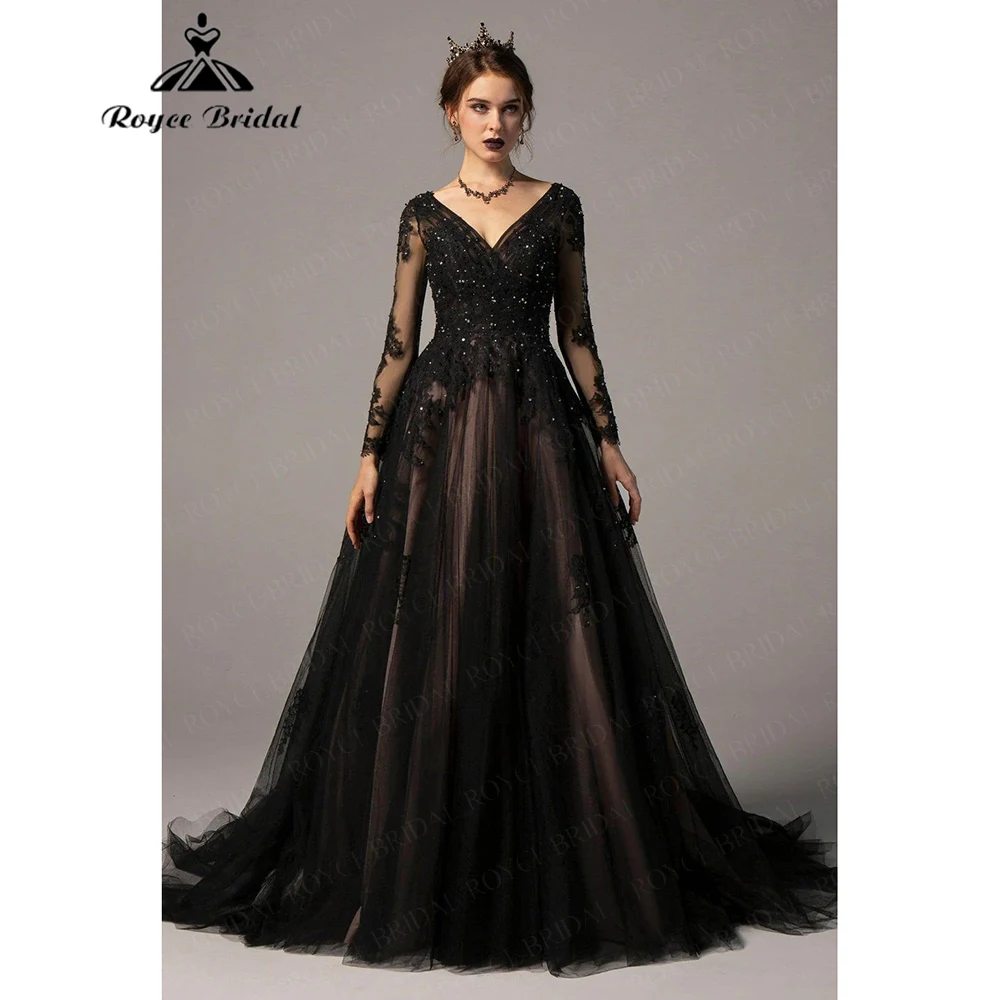 Roycebridal Gothic Black V-Neck Sequin Long-Sleeve Wedding Dress Open-Back Tulle Train Brides Dress Customized vestidos 2026