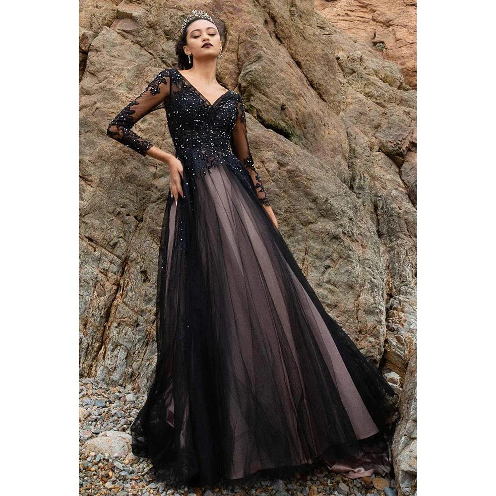 Roycebridal Gothic Black V-Neck Sequin Long-Sleeve Wedding Dress Open-Back Tulle Train Brides Dress Customized vestidos 2026