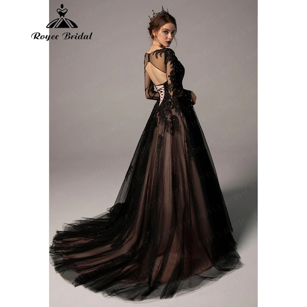 Roycebridal Gothic Black V-Neck Sequin Long-Sleeve Wedding Dress Open-Back Tulle Train Brides Dress Customized vestidos 2026