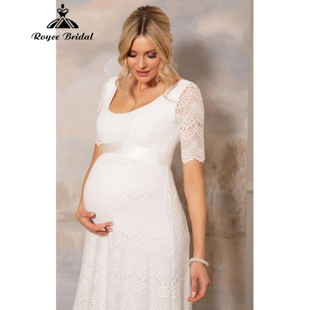 Curvy Wedding Dress Pregnant Bridal Gown Elegant Lace Half Sleeve Scoop Neck Floor Length vestido de novia para boda Customized