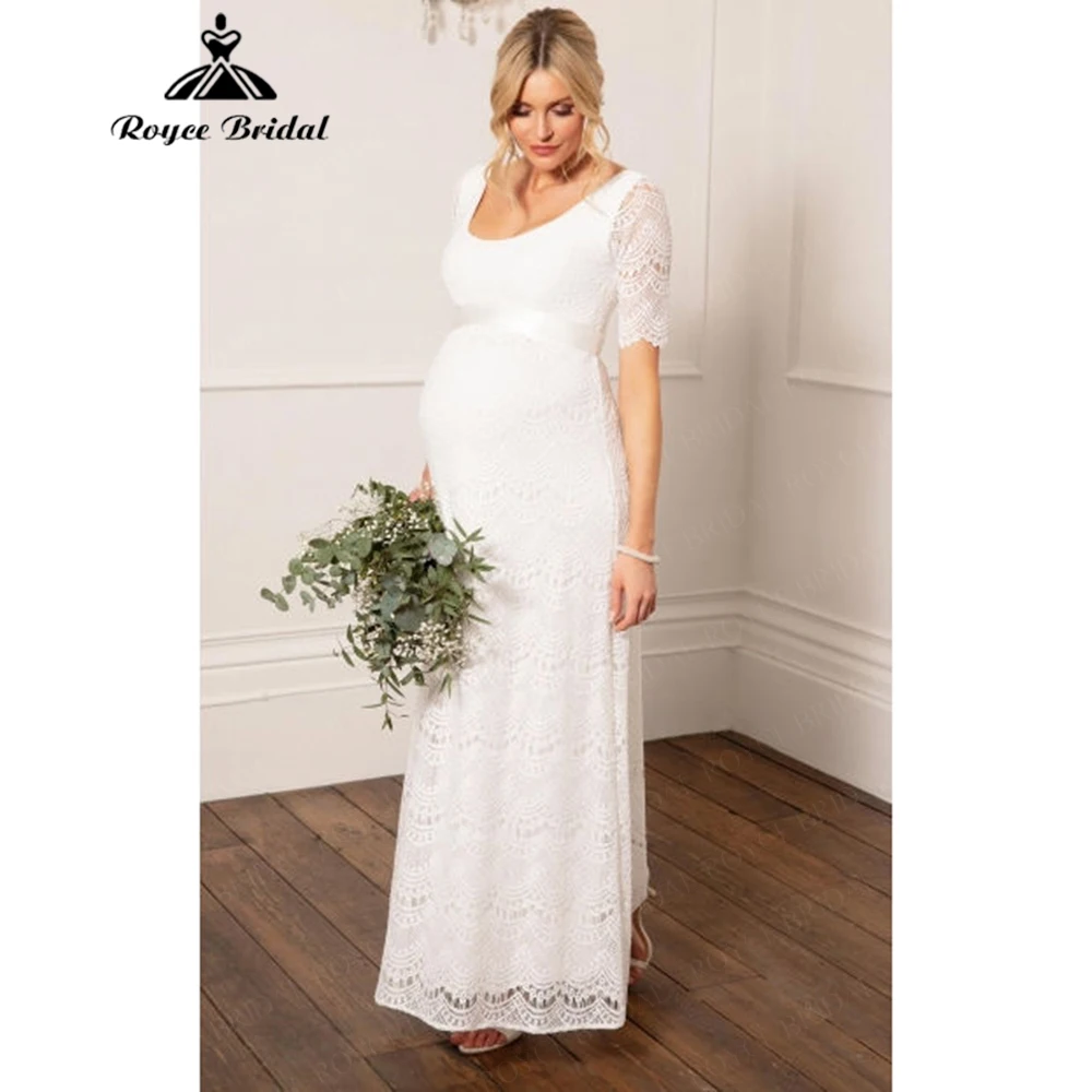 Curvy Wedding Dress Pregnant Bridal Gown Elegant Lace Half Sleeve Scoop Neck Floor Length vestido de novia para boda Customized