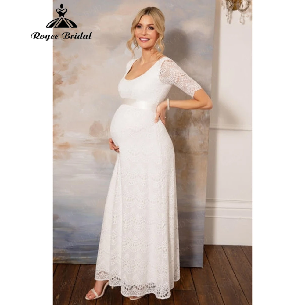 Curvy Wedding Dress Pregnant Bridal Gown Elegant Lace Half Sleeve Scoop Neck Floor Length vestido de novia para boda Customized