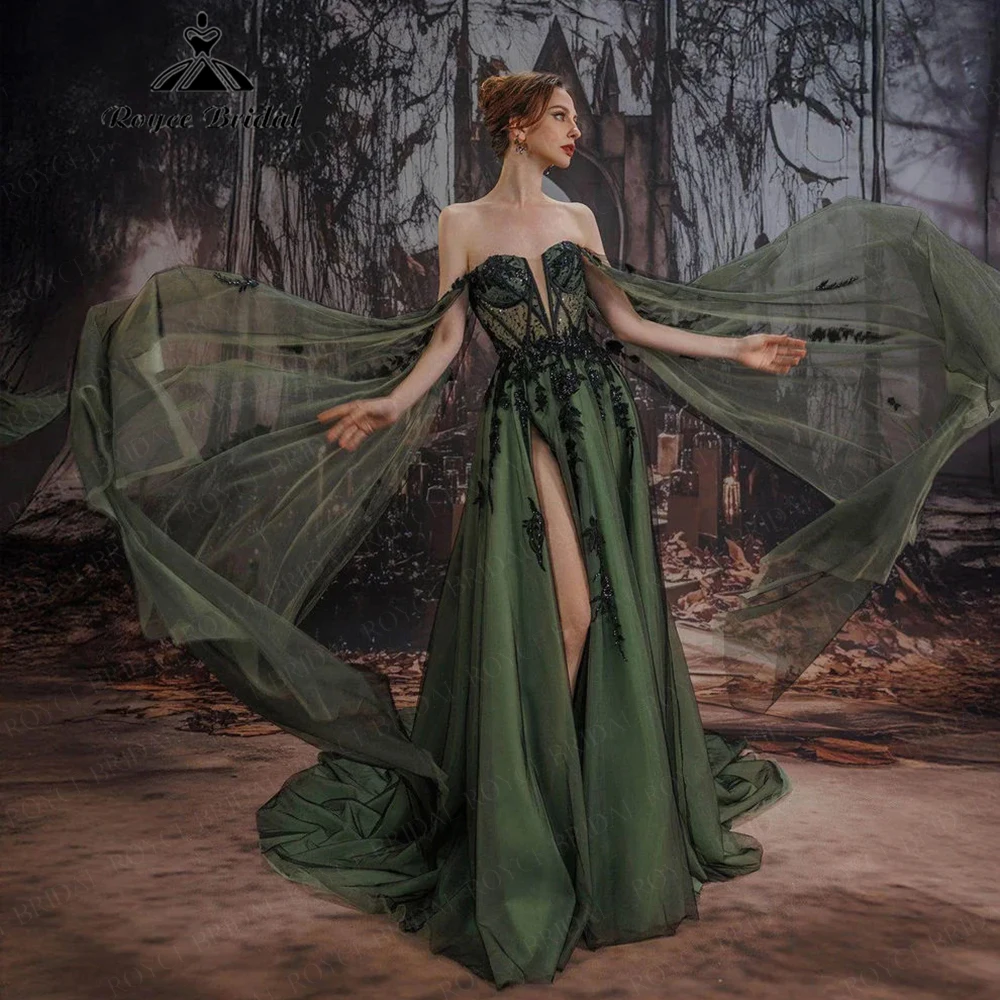 Roycebridal Gothic Green Off-Shoulder Black Wedding Dress Deep Forest Witch-Style Brides Dress Customized vestidos 2026