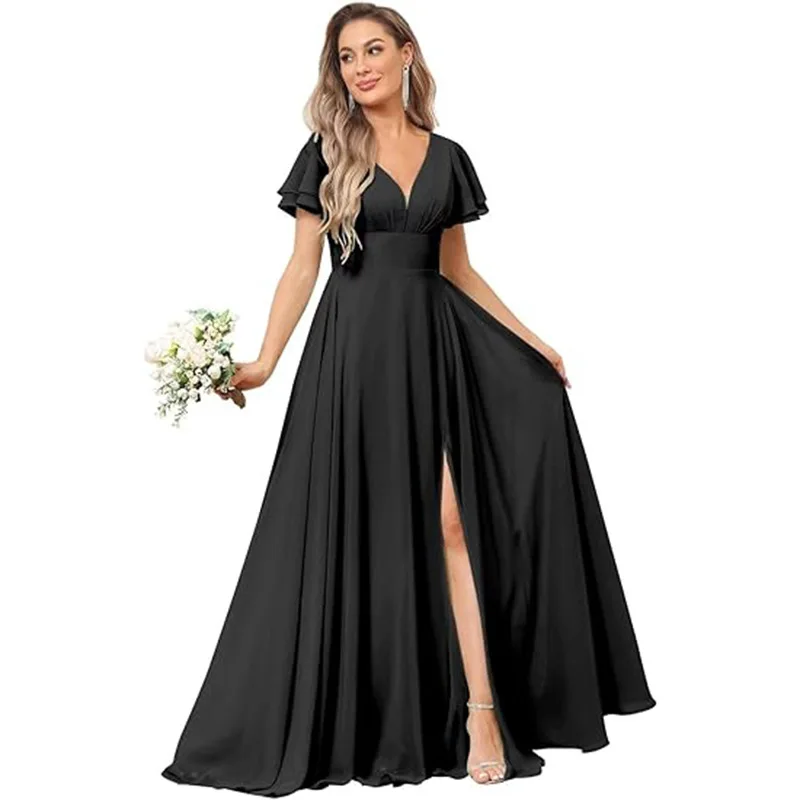 Customise Slit Chiffon V Neck Short Sleeve Pleat Off Shoulder Evening Bridesmaid Dresses Wedding Party Formal Prom Zipper Back
