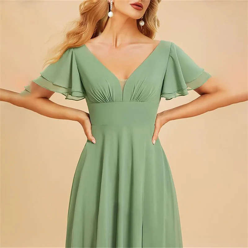 Customise Slit Chiffon V Neck Short Sleeve Pleat Off Shoulder Evening Bridesmaid Dresses Wedding Party Formal Prom Zipper Back