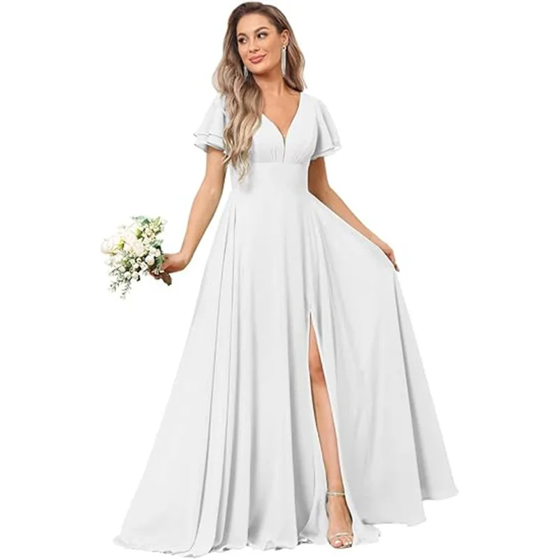 Customise Slit Chiffon V Neck Short Sleeve Pleat Off Shoulder Evening Bridesmaid Dresses Wedding Party Formal Prom Zipper Back