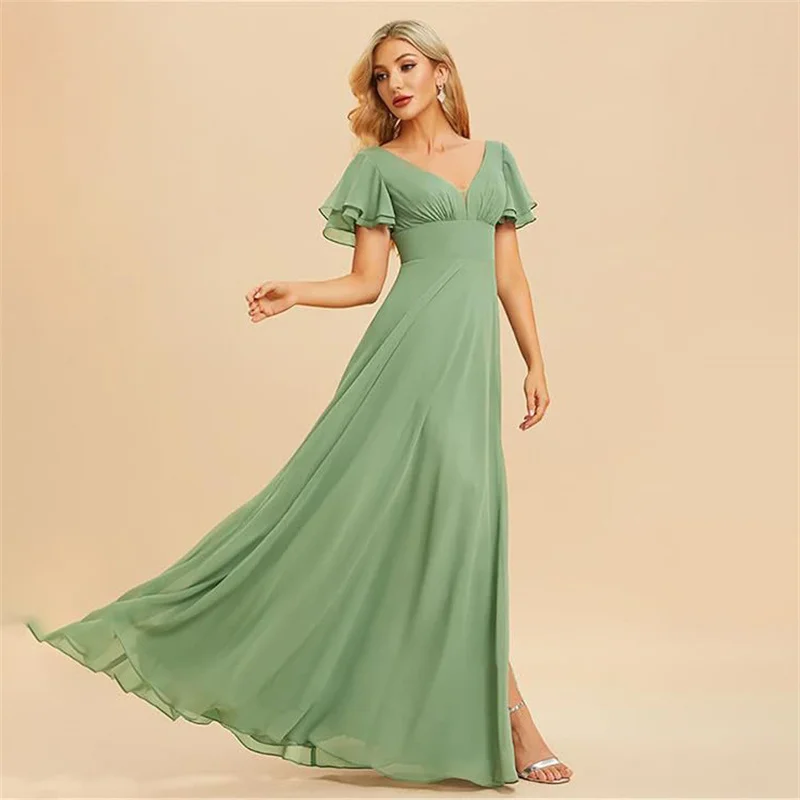 Customise Slit Chiffon V Neck Short Sleeve Pleat Off Shoulder Evening Bridesmaid Dresses Wedding Party Formal Prom Zipper Back