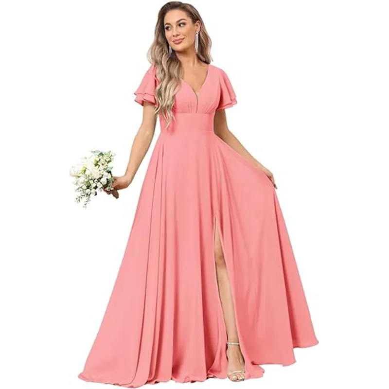 Customise Slit Chiffon V Neck Short Sleeve Pleat Off Shoulder Evening Bridesmaid Dresses Wedding Party Formal Prom Zipper Back