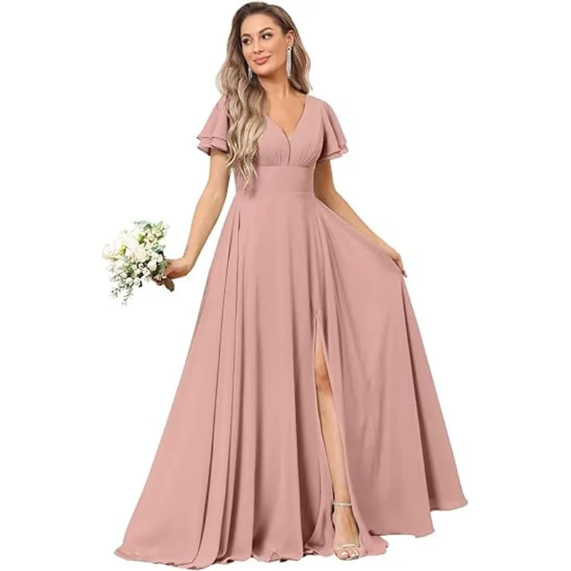 Customise Slit Chiffon V Neck Short Sleeve Pleat Off Shoulder Evening Bridesmaid Dresses Wedding Party Formal Prom Zipper Back