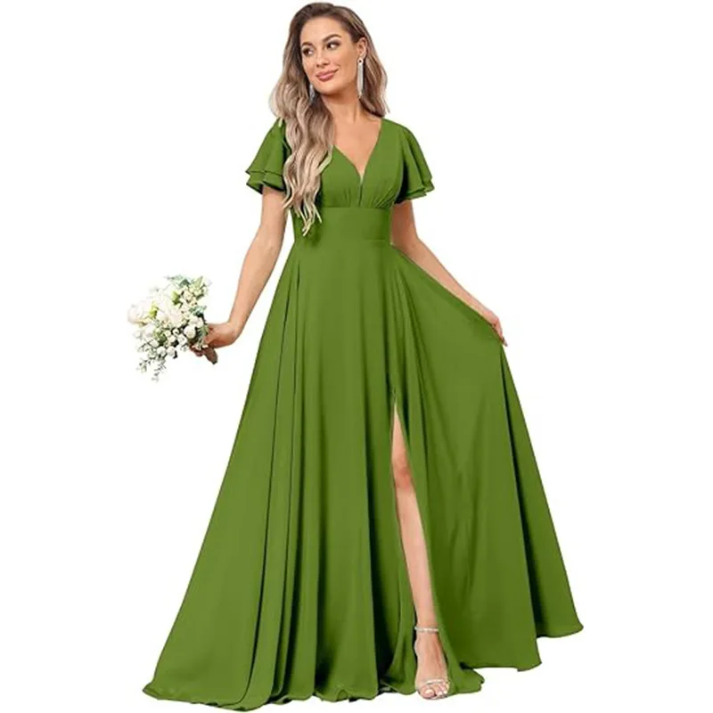 Customise Slit Chiffon V Neck Short Sleeve Pleat Off Shoulder Evening Bridesmaid Dresses Wedding Party Formal Prom Zipper Back