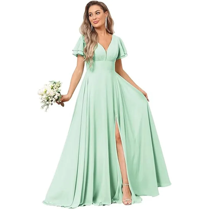 Customise Slit Chiffon V Neck Short Sleeve Pleat Off Shoulder Evening Bridesmaid Dresses Wedding Party Formal Prom Zipper Back