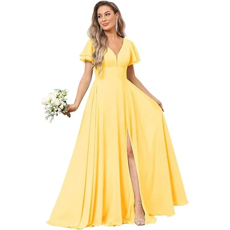 Customise Slit Chiffon V Neck Short Sleeve Pleat Off Shoulder Evening Bridesmaid Dresses Wedding Party Formal Prom Zipper Back