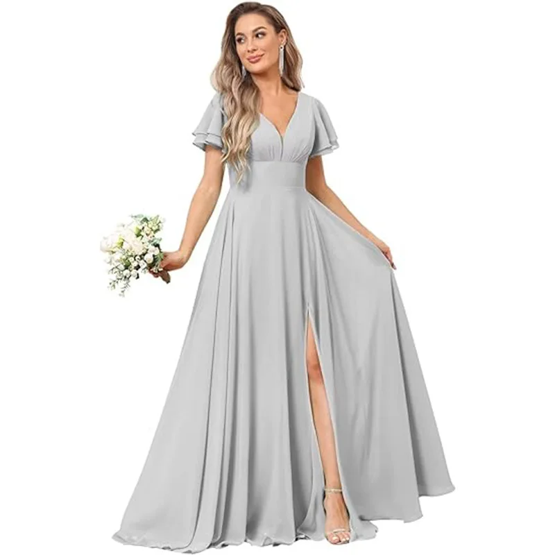 Customise Slit Chiffon V Neck Short Sleeve Pleat Off Shoulder Evening Bridesmaid Dresses Wedding Party Formal Prom Zipper Back